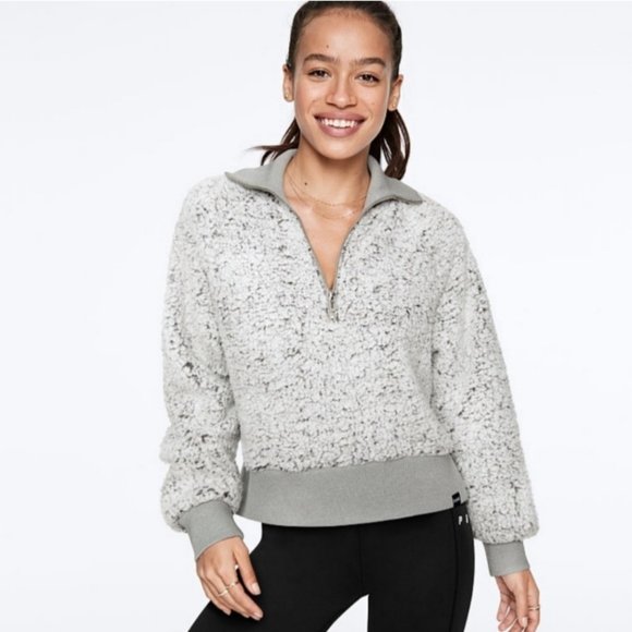 PINK Victoria's Secret Sweaters - PINK Sharpa Gray Half Zipper